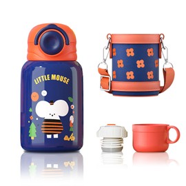 SOLARLAB 450ml Kids Thermos Flask - BPA Free Stainless Steel - Compatible with Children from 1 to 6 Years - With 2 Lids and Bottle Holder Included, Suitable for Use in