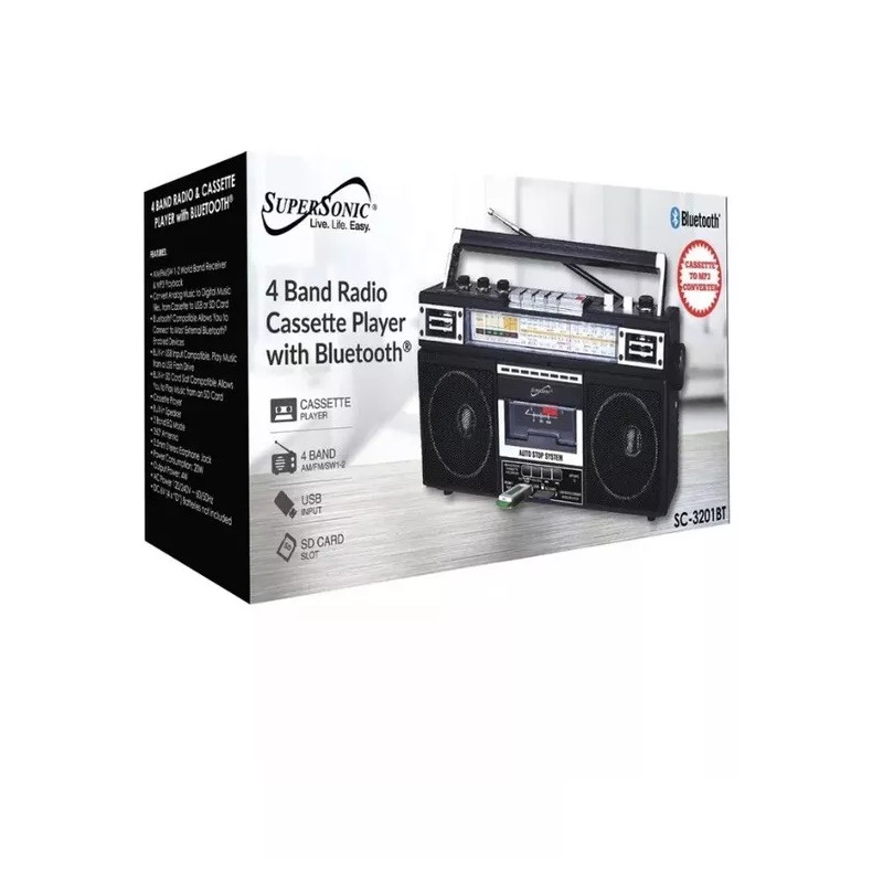 Supersonic SC-3201BT 4-Band Bluetooth Radio, USB & Cassette Player Boom