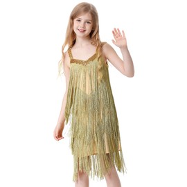 Cuecutie Kids Sequin Fringe Dress Sparkling Tassel Sleeveless Latin Dance Dress Salsa Dancewear Dancer Outfits for Girls (US, Alpha, X-Large, Regular, Gold)