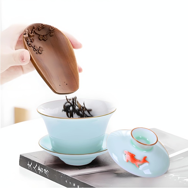 Hormsdar Yixing Handmade Celadon Colorful Koi Fish Gaiwan,Chinese Gongfu Tea