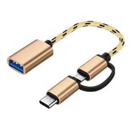 Universal 2 In1 Type C Micro USB Male To USB Female OTG Adapter Converter Cable - Gold