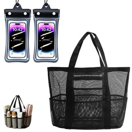 Syylqyr 3 Piece Beach Bags for Women Mesh Beach Bag Breathable Designwith 8 Pockets Summer Holiday Family Travel Beach Accessories for Beach Gym School Shopping Swimming Travel And Daily Black