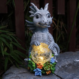 Ovewios Garden Dragon Statue Outdoor Decor, Large Dragon Figurine with Solar Crackle Globe Light Yard Art Decoration Resin Ornament for Indoor Home Outdoor Patio Lawn Gift