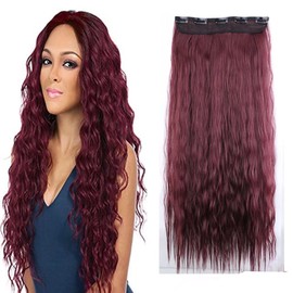 iLUU Dark Red Color Clip in Synthetic Hair Extension 24" 110g Full Head Long Corn Wave Natural Looking Hair Piece Fashion Womens Clip in Hair Extensions Heat-resisting Hair #BUG