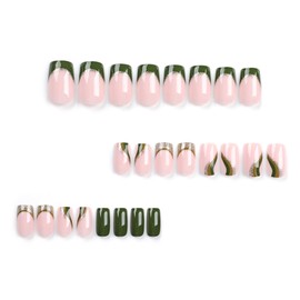 MERVF Square Press on Nails Medium Fake Nails Green French Tip Square Glue on Nails Press ons with Glitter Swirls Design Squoval Acrylic Nails 24pcs Glossy False Nails