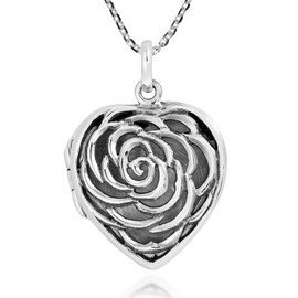 AeraVida Booming Wild Rose Heart Shaped .925 Sterling Silver Locket Pendant Necklace