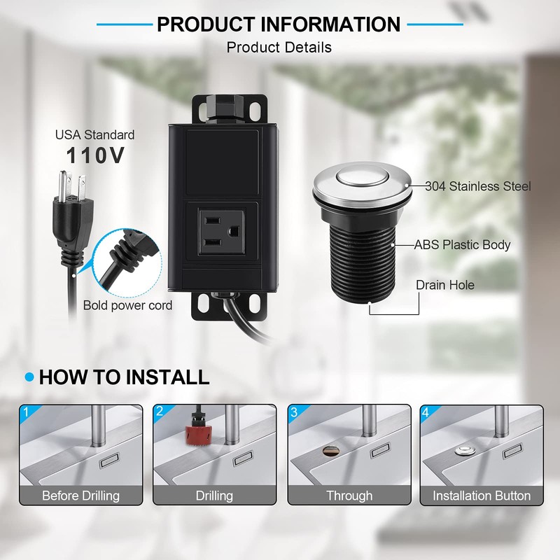 Garbage Disposal Air Switch Kit with Power Cord Kit, Sink