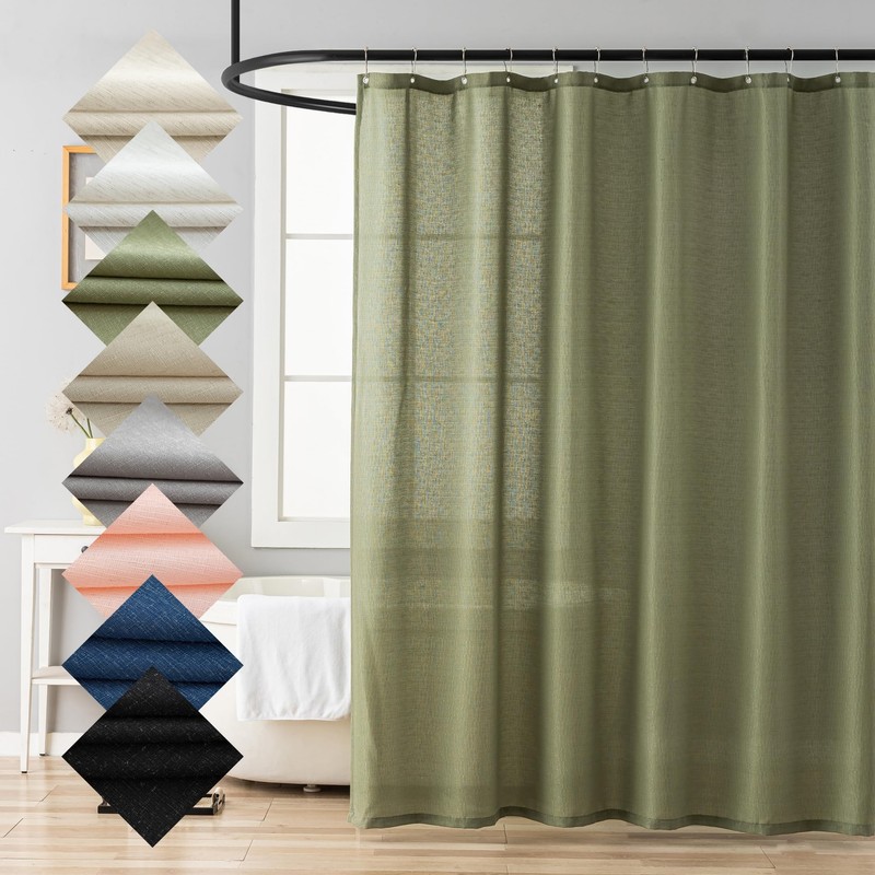 VOILYBIRD Sage Green Farmhouse Linen Shower Curtain, Modern Chic Bath