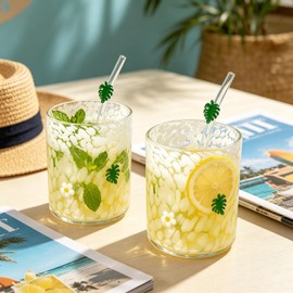 Ovveroche 2 Pcs Hawaii Icon Juice Glass Cups with 2 Straws, 17oz Aesthetic Summer Stemless Drinking Glasses, Cute White Speckled Tumbler for Coffee, Water, Cocktails, Home Party Supplies & Gifts