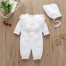 amropi Baby Girls Cotton Romper Lace Collar Jumpsuits Long Sleeve Coveralls with Hat 2 Pieces 0-3 Months, White