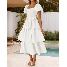 ZESICA Women's 2025 Summer Boho Midi Dress Short Puff Sleeve Flowy A Line Tiered Beach Vacation Long Dresses,White,Small