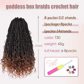 Goddess Box Braids Crochet Hair 12 Inch 8 Packs Boho Box Braids Crochet Hair Pre-looped Synthetic Crochet for Black Women Extensions with Curly Ends (T30,12 Inch)