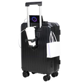 YANQIAO Carry-on Luggage with Cup Holder & USB Charging Port, Hard Side Luggage with Spinner Wheels, Lightweight Luggage for Travel, Business, School (Black, Carry-On 20-Inch)