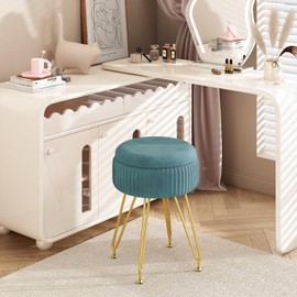 Redlife Vanity Stool with Storage, Round Makeup Vanity Stool, Velvet Vanity Stool Chair, Stool for Vanity, Storage Ottoman Footrest Stool, Multifunctional Small Vanity Stool with 4 Gold Legs(Green)