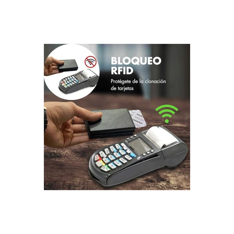 WEXLER Cartera Slim con Protección RFID, Mecanismo Pop-Up de Tarjetas