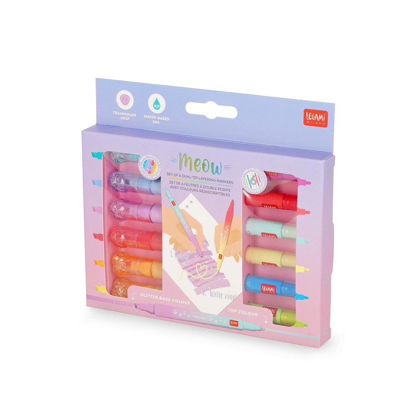 Legami - Set di 6 Pennarelli Doppia Punta Meow, Inchiostro