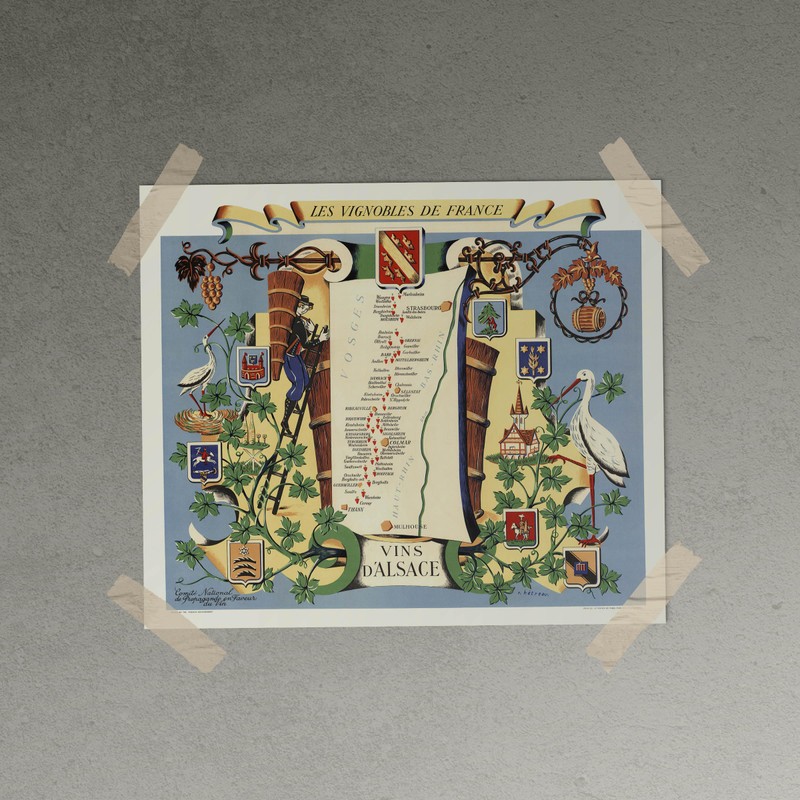 Vintage French Wine Map Poster - Vins d'Alsace - Les