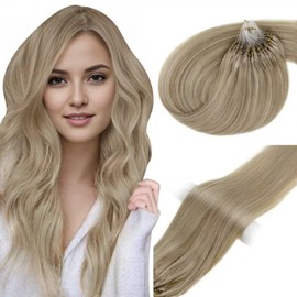 Vivien Micro Loop Hair Extensions Real Human Hair Blonde Micro Ring Hair Extensions Highlight Dark Blonde Mixed Light Blonde Micro Beads Hair Extensions Remy Human Hair 50s 50g #16/22 14inch