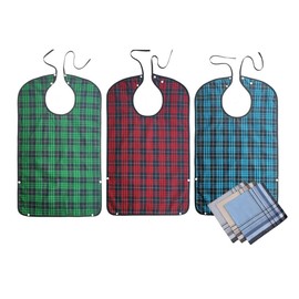 smile wood 3 PACK Adult Bibs For Eating - Waterproof Clothing Protector With Crumb Catche, Reusable, Machine Washable, Adult Dining Apron With Snap Closure Adjustable Strap For Elderly Women and Men