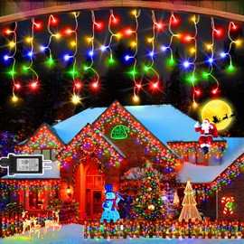 108FT 1216 LED Christmas Lights Outdoor Decorations with 228 Drops Timer 8Mode Curtaing String Lights Waterproof Plug in Fairy Lights for Indoor,Xmas,Party,Patio,Window,Fence,Trees Decor(Multicolor)