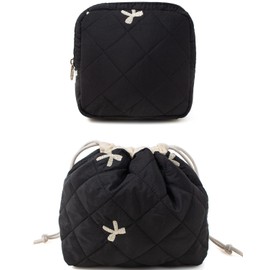 LETGO Cotton Makeup Bag,Quilted Cosmetic Bag,Large Make Up Bag for Women,Cotton Drawstring Makeup Bag Set, Travel Toiletry Bag Small Comestic Bag for Purse (Black Bow)