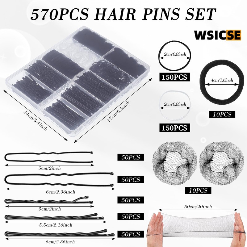570Pcs Black Bobby Pins for Women, 2 & 2.4In Hair
