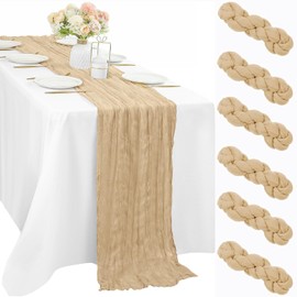 10FT 6 Pcs Sand Cheesecloth Table Runner Boho Gauze Fabric Cheese Cloth Table Runner Decoration Rustic Semi Sheer Runner for Wedding Birthday Baby Shower Party Table Runner Decor (Sand)