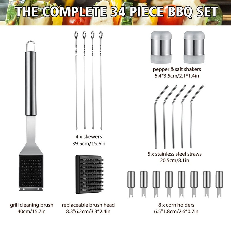 HUSSAR 34PCS BBQ Grill Tools Set Stainless Steel Grilling Accessories