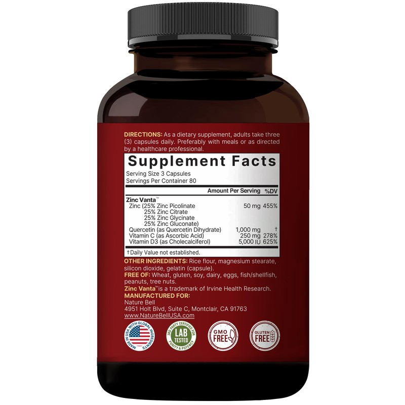 NatureBell Zinc Quercetin with Vitamin C & D3, 480 Capsules