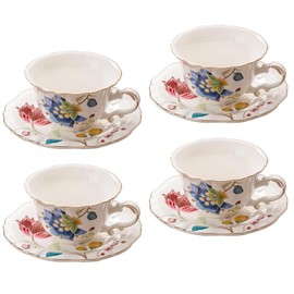 Jomop Ceramic Tea Cups Coffee Cup and Saucers Set of 4 (Blue and Red)