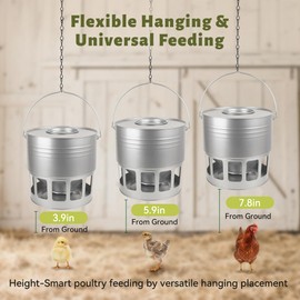 KOL Hanging Chicken Feeder – 20lbs Metal Chicken Feeder, Adjustable Poultry Feeder with 12 Ports, No Installation & Universal Height Design (Silver)