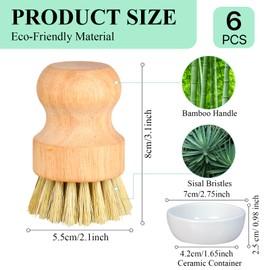 Supkiir 6Pcs Natural Sisal Dish Brush, Soft Bamboo Brush with Ceramic Tray, No Scratch Dish Scrubber Vegetable Brush for Cleaning Pans Pots Sink Grills Stoves