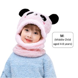Kids Winter One Piece Hat and Scarf, Unisex Warm Fleece Hat Neck Warmer Hood Cap with Bear Ears for 5-8 Years Old Girls Boys
