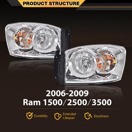 ANDPLAY Headlights w/Bulbs Compatible with Dodge Ram 1500 2006 2007 2008/Fit Dodge Ram 2500 3500 2006 2007 2008 2009 CH2502180,CH2503180 Clear Lens Chrome Housing Clear Reflector Left & Right