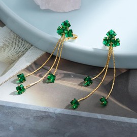 QUKE Green Cubic Zirconia Crystal Long Drop Dangle Non Pierced Ears Clip On Earrings for Women Girls Gold Tone
