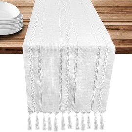 Table Runner White Boho, Cotton Table Runner with Hand Tassels, Macrame Linen Tablecloth for Parties, Wedding Tabletop Decor, Dining Room Decor - 33 x 183 cm