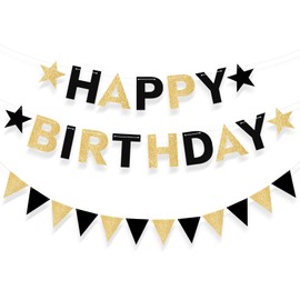 Black and Gold Happy Birthday Banner,Pre-Strung Birthday Garland for Birthday Decorations, Happy Birthday Banner for Men