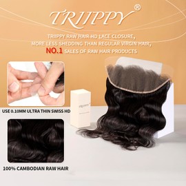 TRIIPPY Real 13x4 Body Wave hd lace frontal ultra-thin with RAW human hair hd lace pre plucked with baby hair 0.14mm hd lace with invisible knots,Body Wave raw human hair nature black 20 inches