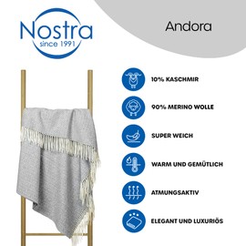 Nostra Andora Bedspread, 140 x 200 cm, Soft Merino Wool Blanket with 10% Cashmere, Picnic Blanket, Warm Sofa Cuddly Blanket in Grey, Merino Blanket for Couch and Outdoor Sofa, Couch Blanket with