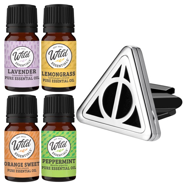 Wild Essentials Potter Hallows Essential Oil Car Vent Diffuser Kit With Lavender, Lemongrass, Peppermint, Orange Oils, Stainless Steel Locket Pendant, 8 Refill Pads, Customizable Color Changing Air Freshener