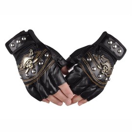 Faxianther Men Women Cool Skull Rivets PU Leather Half Finger Gloves Breathable Mesh Anti-Slip Cycling Riding Driving Motorcycle Biker Gloves Mittens
