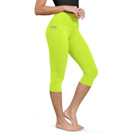 ODODOS ODCLOUD Buttery Soft Lounge Yoga Capris with Pockets for Women 19" High Waist Capri Leggings, Neon Green Yellow, Large