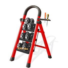 BETEAM 3 Step Ladder 330 lbs Heavy Duty Folding Step Stool for Adults Kitchen Latter with Tool Rack Escaleras para Casa -Red