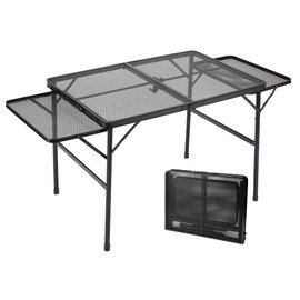 SKIKEN Family Camping Table with 2 Side Shelves, Folding Metal Grill Table, Large Metal Mesh Table Top, 2 Adjustable Heights, Picnic Table/Outdoor Table with Wing Panels Side Shelf(4.5ft, Black)