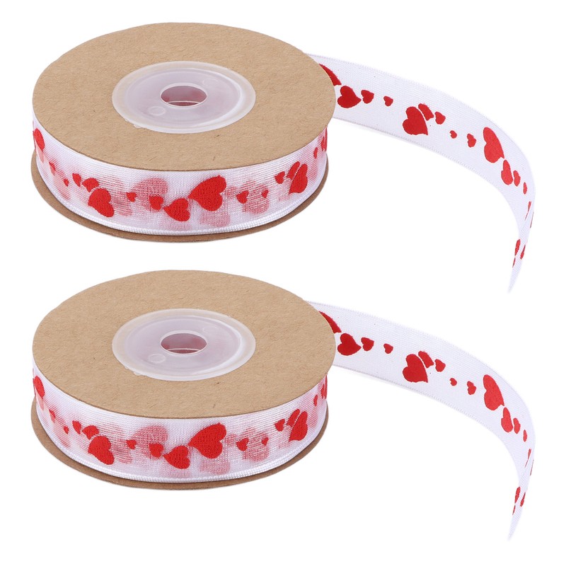 2pcs Red Ribbon 1.5cm/0.6in Wide Heart Pattern Packaging Ribbons DIY