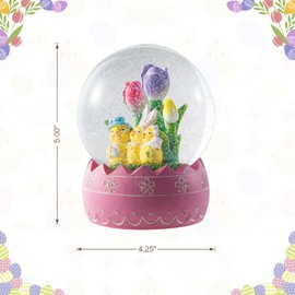 Glitzhome 100MM Easter Chick Family Water Snow Globe, Resin Easter Day Water Snow Globe Figurine, Chick Family with Pink Base Snow Globe Easter Day Spring Home Party Tabletop Decoration