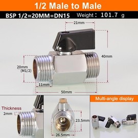 MiJunHD Mini Brass Ball Valve, G 1/2≈20MM=DN15 Male Thread Shut Off Switch Valve Pipe Coupler Connector for Air,Water,Gas,Oil,Fuel,Drip,Irrigation (1Piece)