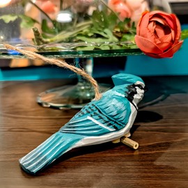 BEAULEMNA Blue Jay Bird Hand Carved Wood Bird Figurine for Hanging Decor Indoor Outdoor on Branch Tree Garden Yard Porch Home Car Desktop Window Ceil Bird Lovers Graduates Colleagues Friends Decor
