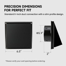 DEPOTA 6 Inch Dryer Vent Cover Outside Black Stainless Steel Wall Vent Cover with Removable Flap & Bird Screen Mesh, Outdoor Dryer Vent, Exterior Wall Vent for Bathroom Kitchen Garage