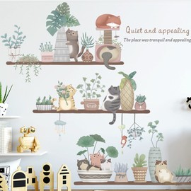 Cute Cat Stickers and Potted Plant Wall Stickers, Watercolour Removable Wall Stickers for Cat Flowerpots and Plant Leaves, Self-adhesive Vinyl Art Decor Murals for Children Babies Living Room TV